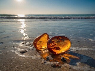 Obraz premium View of Orange Amber Stones on a Sand beach
