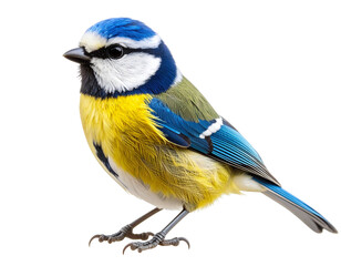 Naklejka premium Close-up portrait of blue tit bird with vibrant blue and yellow feathers, isolated on transparent background PNG