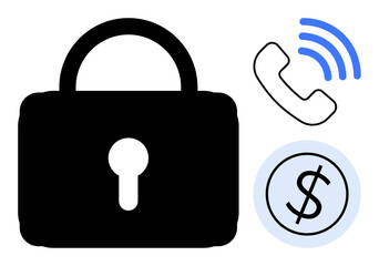 Black padlock symbolizing security next to a phone icon with waves and a coin with a dollar sign. Ideal for data protection, cyber safety, communication security, financial protection, privacy