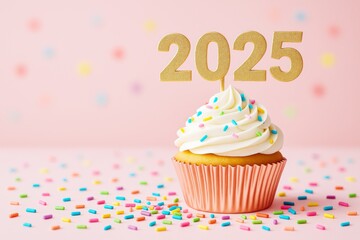 Cupcake with golden 2025 topper and colorful sprinkles on pastel pink background for New Year celebration concept. Ai generative.