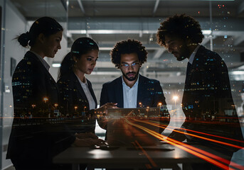 Four business professionals collaborating intently around a laptop computer in a modern office setting.