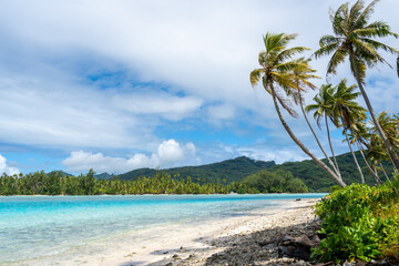 White sand beach at Coral Garden, Huahine, French Polynesia, with turquoise waters