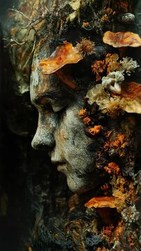 A close up of a face with leaves on it