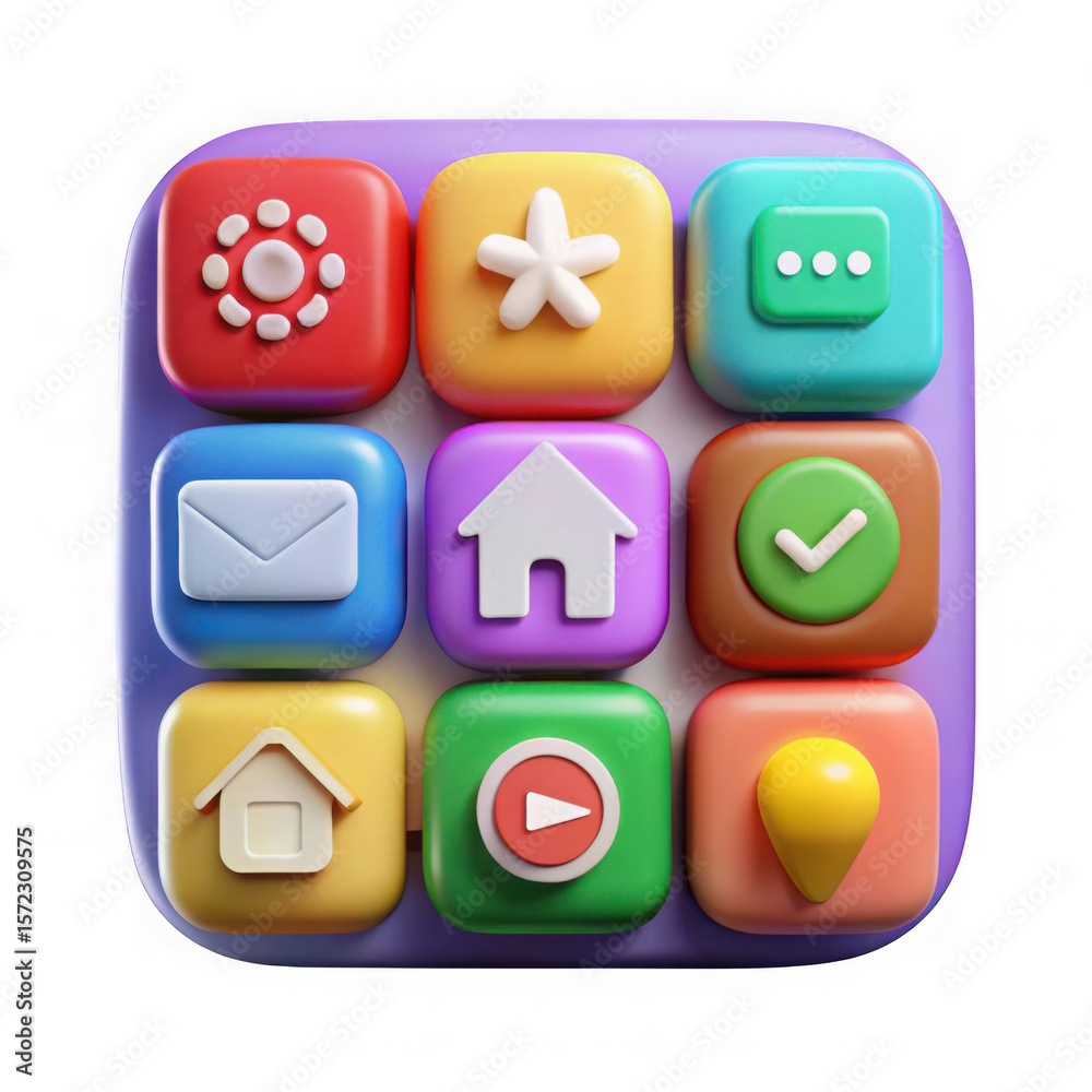 Fototapete A colorful 3d app icon set with various functions isolated on transparent background