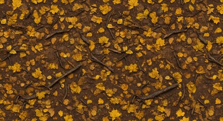 Yellow autumn leaves and brown sticks scattered on dark brown ground forming a natural texture
