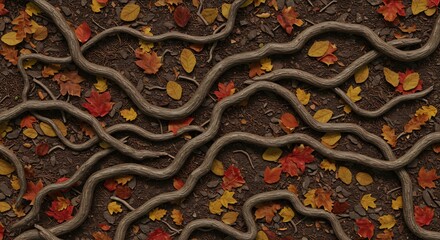 Winding tree roots and colorful autumn leaves scattered on dark brown forest ground