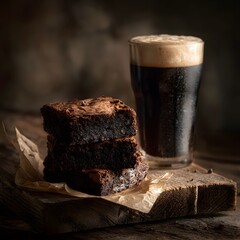Delicious chocolate brownies and dark beer food photography image shot