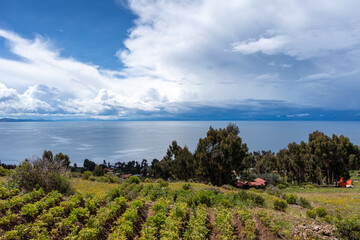 Village on Amantani Island overlooking Lake Titicaca, Peru