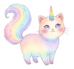 Obraz premium 虹色猫 ユニコーン風 水彩画風 パステルカラー 夢かわ 愛らしい表情