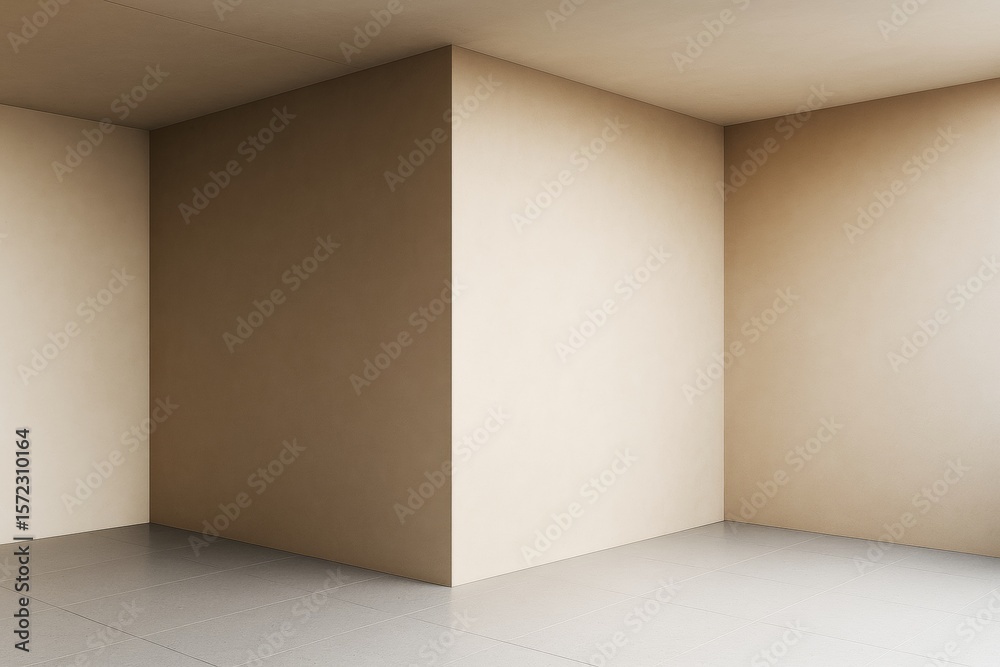 Poster Minimalist empty room with soft warm lighting and geometric wall structure, modern architectural background concept with clean graphic aesthetics.