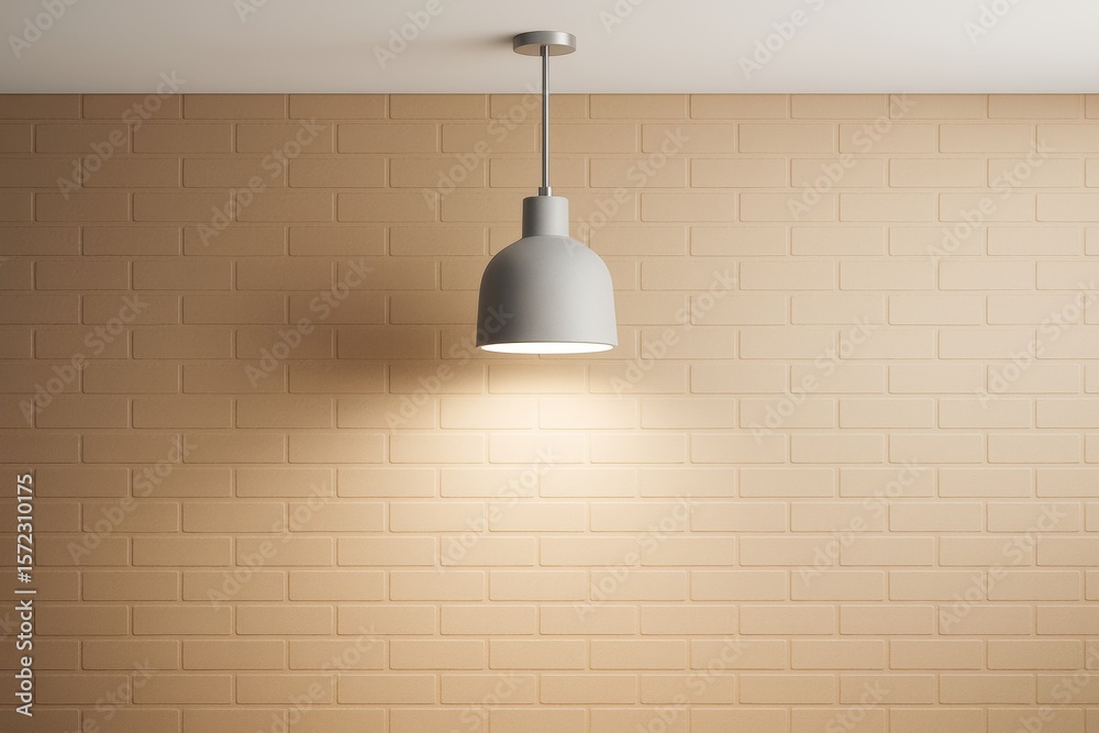 Aufkleber minimalistic hanging ceiling light with soft illumination on beige brick wall background in modern i