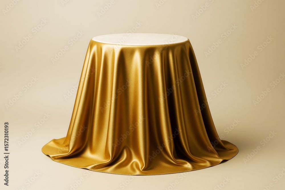 Poster elegant round table with luxurious golden silk cloth draped smoothly on soft beige background in lig