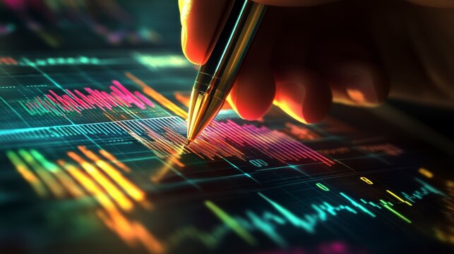 Hand using stylus on tablet displaying colorful data charts and graphs.