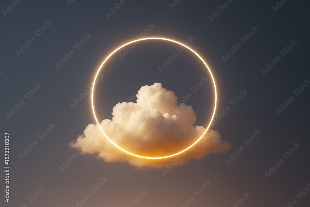 Poster glowing circular light ring surrounding fluffy cloud against dusk sky background in surreal digital 