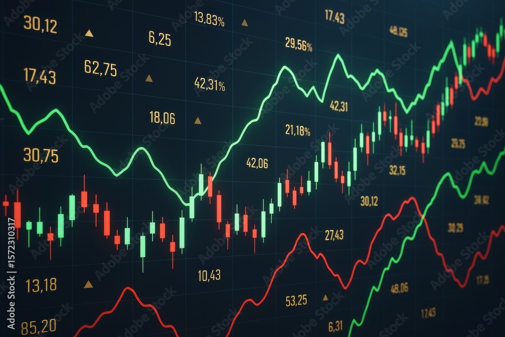 Aufkleber Abstract financial chart with red and green candlesticks and lines on dark background depicting stock market data fluctuations and performance metrics.