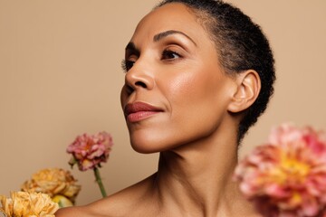 Radiant close-up side profile of a biracial woman with glowing skin and pastel florals, aesthetic social media instagram pinterest content marketing and branding