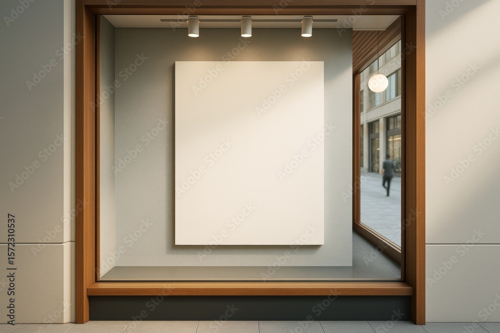 Poster blank white poster mockup in modern wooden display frame under soft lighting in storefront window fo