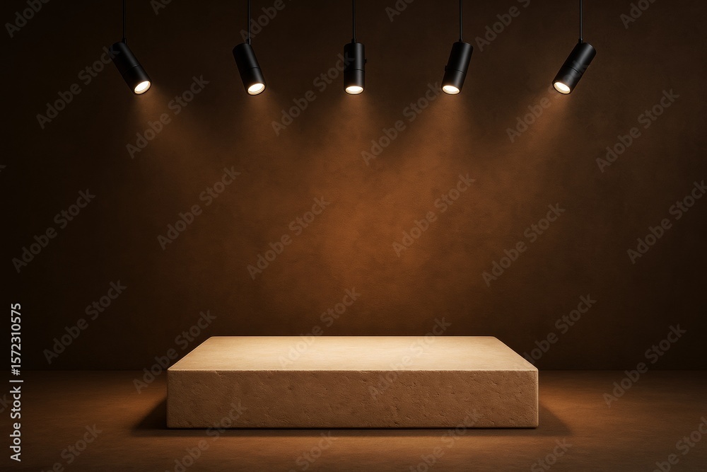 Aufkleber Minimal product display podium with spotlights on brown textured background for branding or promotion mockup template concept.