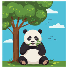 Obraz premium Relaxed Baby Panda Eating Bamboo Under Tree - Flat Vector Illustration