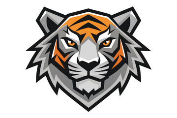 Fierce gray tiger with striking orange eyes stands out inside a geometric outline