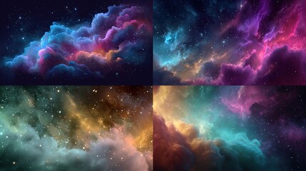 Four captivating images showcase ethereal cosmic clouds in a vibrant array of colors and sparkling stars