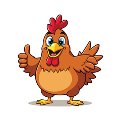 A cheerful cartoon hen with brown feathers and a red comb stands with one wing giving a thumbs-up and the other wing extended slightly outwards.
