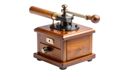 Vintage wooden coffee grinder isolated on transparent background