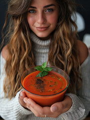 A young woman warmly holds a bowl of creamy tomato soup garnished with basil, in a cozy kitchen setting.


