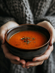 A young woman warmly holds a bowl of creamy tomato soup garnished with basil, in a cozy kitchen setting.


