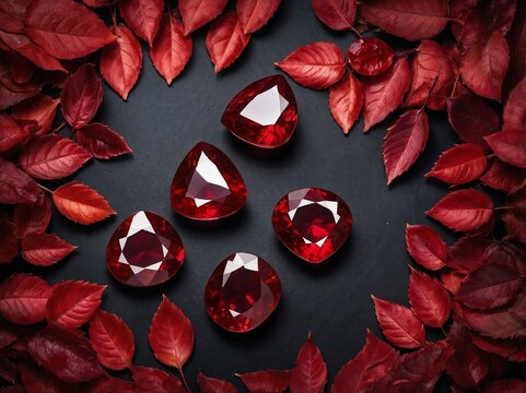 View of Red Ruby Stones on red leaves