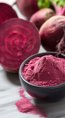 Close-up of natural red beetroot powder in a bowl with fresh beetroots, vibrant and organic food ingredient.