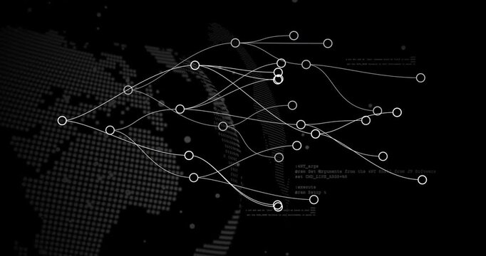 Starting glowing node sending connections, network growing across globe for code visualization