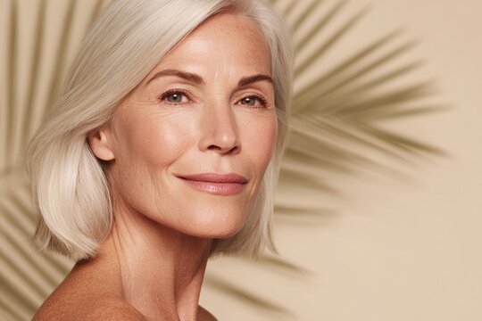 blonde mature older beauty model woman, medspa background, banner, blog cover,  aesthetic editorial content - mature woman medspa skincare beauty photography