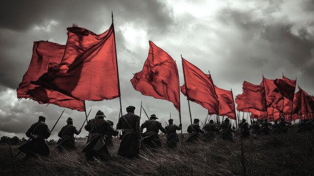 Soldiers with red flags charging across a field under a dramatic sky.