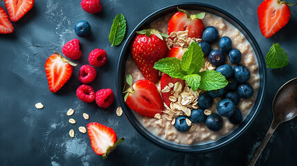 Healthy vegan overnight oats topped with fresh blueberries, raspberries, and mint leaves, top view