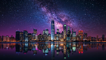 Iconic Cityscape at Twilight with Neon Skyscrapers and Reflections