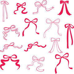 Elegant hand drawn ribbon and bow vector set in rough doodle sketch style. Ideal for greeting cards, weddings, birthdays, picnic invitations, crafts, and social media decorations.