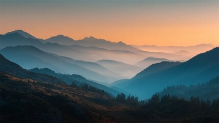 Obraz premium Mystical Layers of Mountains Under a Warm Sunset Sky, Displaying Depth