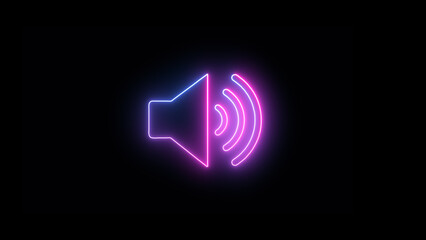 Glowing neon sound speaker icon black background.