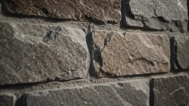 A closeup shows a textured stone wall with varying colors and uneven surfaces emphasizing the mortar between the stones