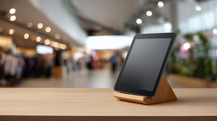 Modern Tablet on Wooden Stand with Blurred Background of Shopping Mall or Store Interior, Technology and Retail Concept