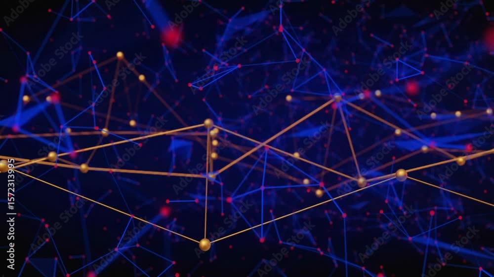 Aufkleber starting with triangular golden nodes shifting, connecting lines pivoting, visualizing data flow