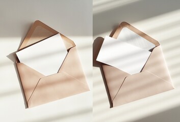Two envelopes with white cards casting shadows in a split screen presentation