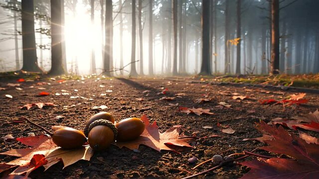 Acorns resting on a forest floor amidst autumn leaves with sun rays piercing through trees