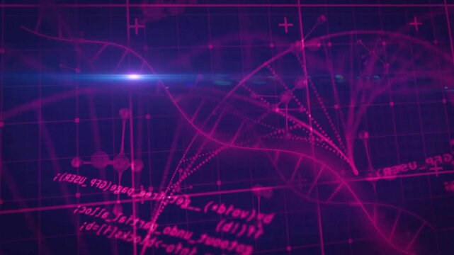 Magenta curve sweeping DNA helix, nodes fading, drifting particles, pulsing flares visualizing data - Powered by Adobe