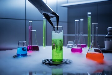 Robotic arm adding liquid to bubbling green solution in laboratory glassware science research
