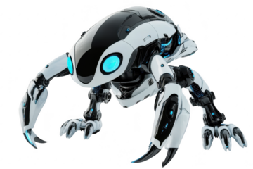 Futuristic white and black robotic creature with glowing blue eyes isolated on a transparent background