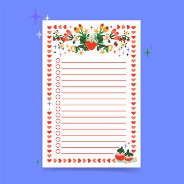 A template for notes decorated with wildflowers, berries and insects in bright colors.