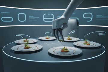 Robotic arm garnishing food on plates with precision plating