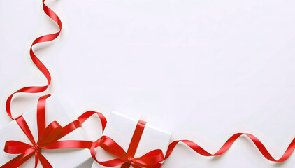Minimal background with red ribbon and gift box